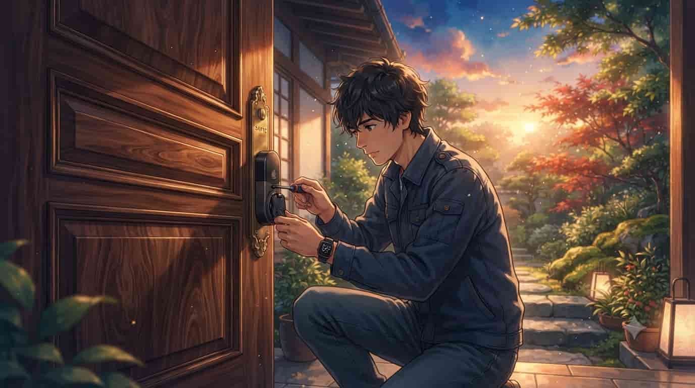A man crouching to fix a jammed August Smart Lock on a heavy walnut door at sunset, with 'SKYTC' visible on the hardware.