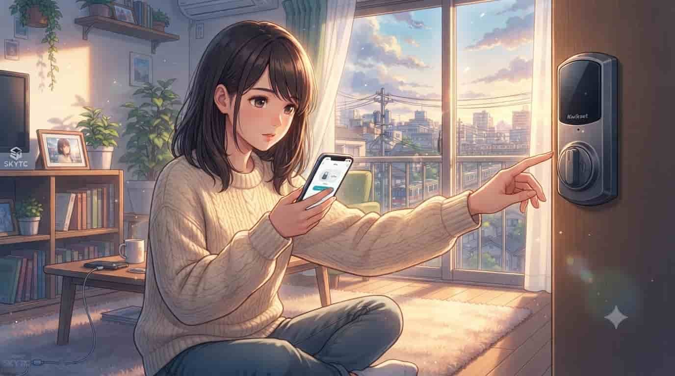 A young woman using a smartphone app to troubleshoot and fix a Kwikset Halo smart lock offline error in a sunlit apartment living room - SKYTC illustration.