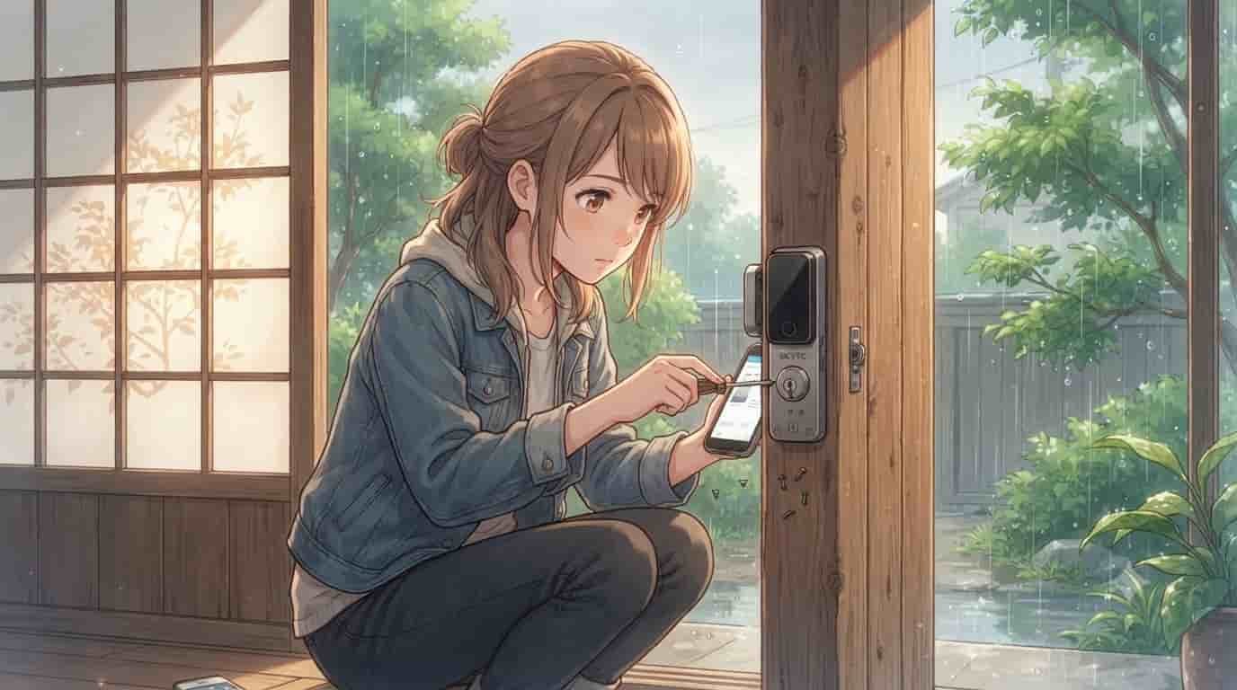 A person in an anime-style room fixing a jammed Schlage smart lock on a pine wood frame with SKYTC branding visible.