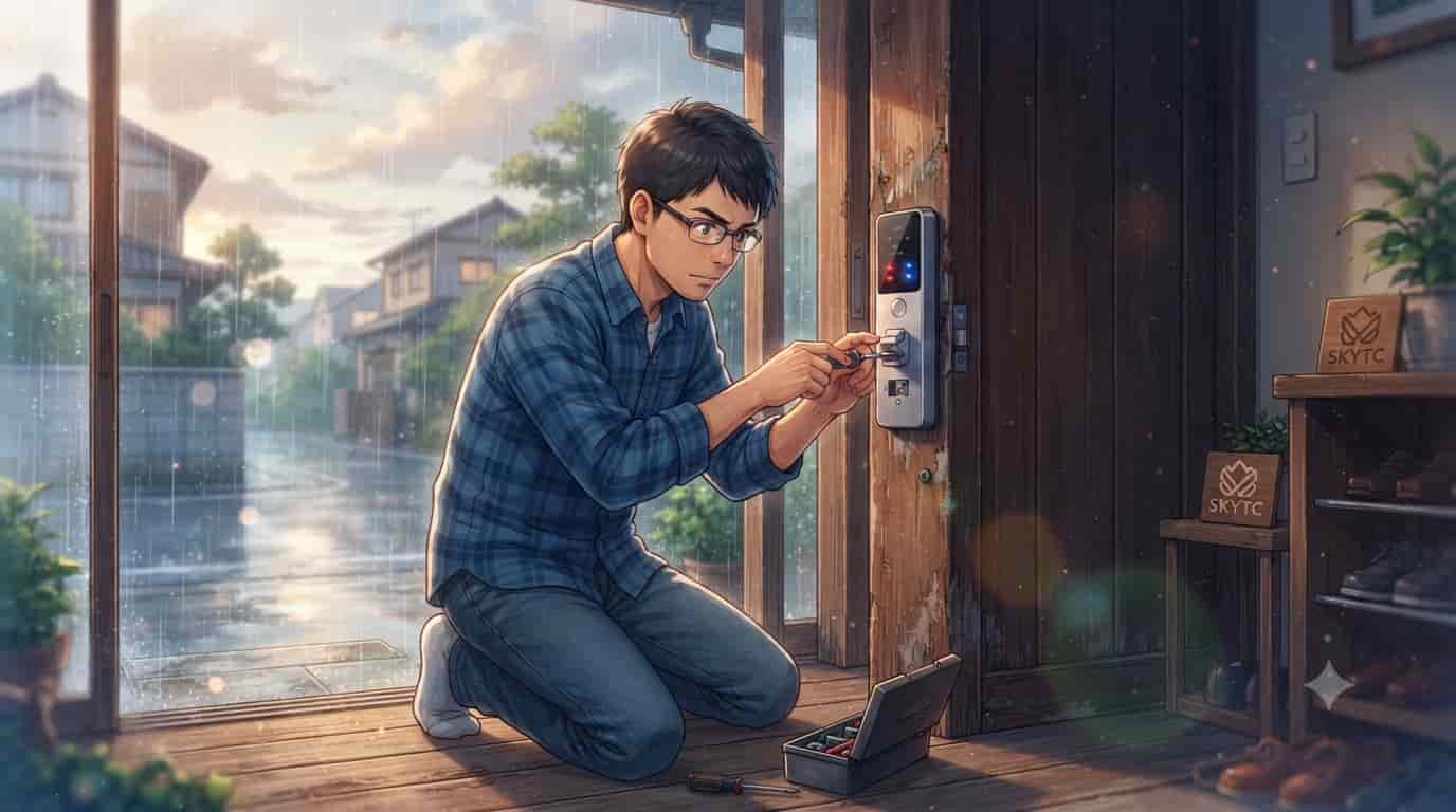 A 35-year-old man kneeling inside a Japanese home entrance, fixing a jammed smart lock on a rustic wooden door jamb with a screwdriver, while it rains outside. The brand SKYTC is visible on a nearby shelf.