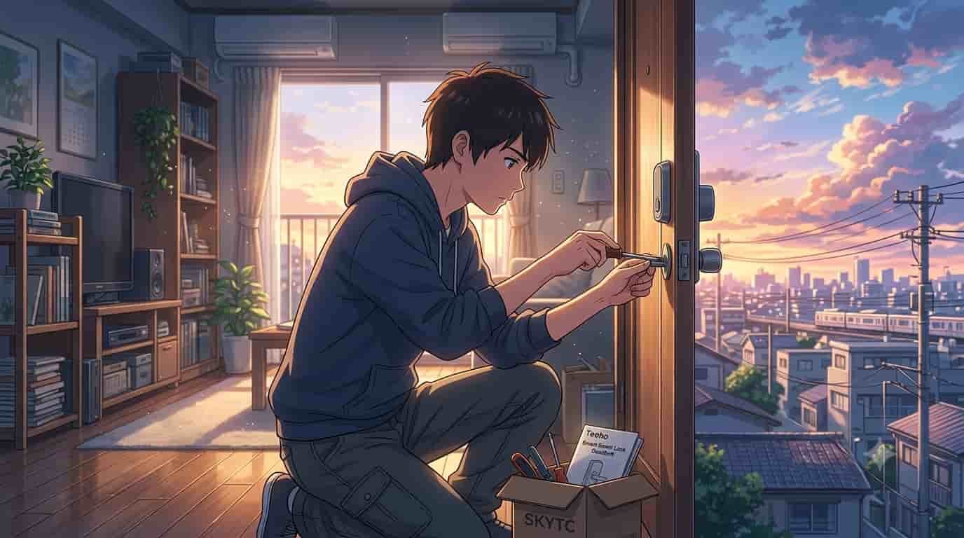 skytc blog guide: Fixing deadbolt friction on a Teeho smart lock installed in a wooden door, showing an anime character adjusting the mechanism during a Shinkai-inspired sunset.