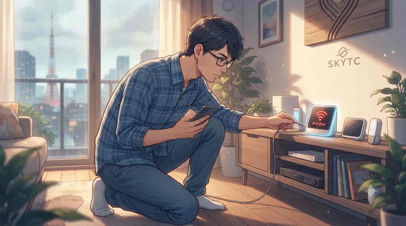 A 35-year-old man looking at a tablet with a worried expression while troubleshooting a smart home device during a sunset, with a SKYTC logo visible on his desk.