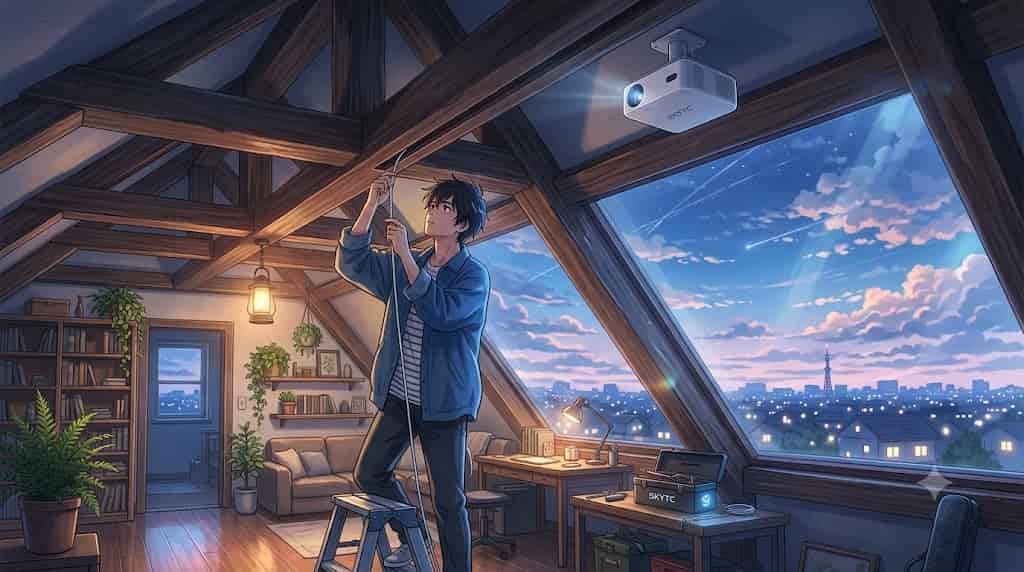 An anime-style illustration of a man on a ladder hiding cables for a SKYTC smart projector inside exposed wooden roof beams in a cozy attic room with a city view.