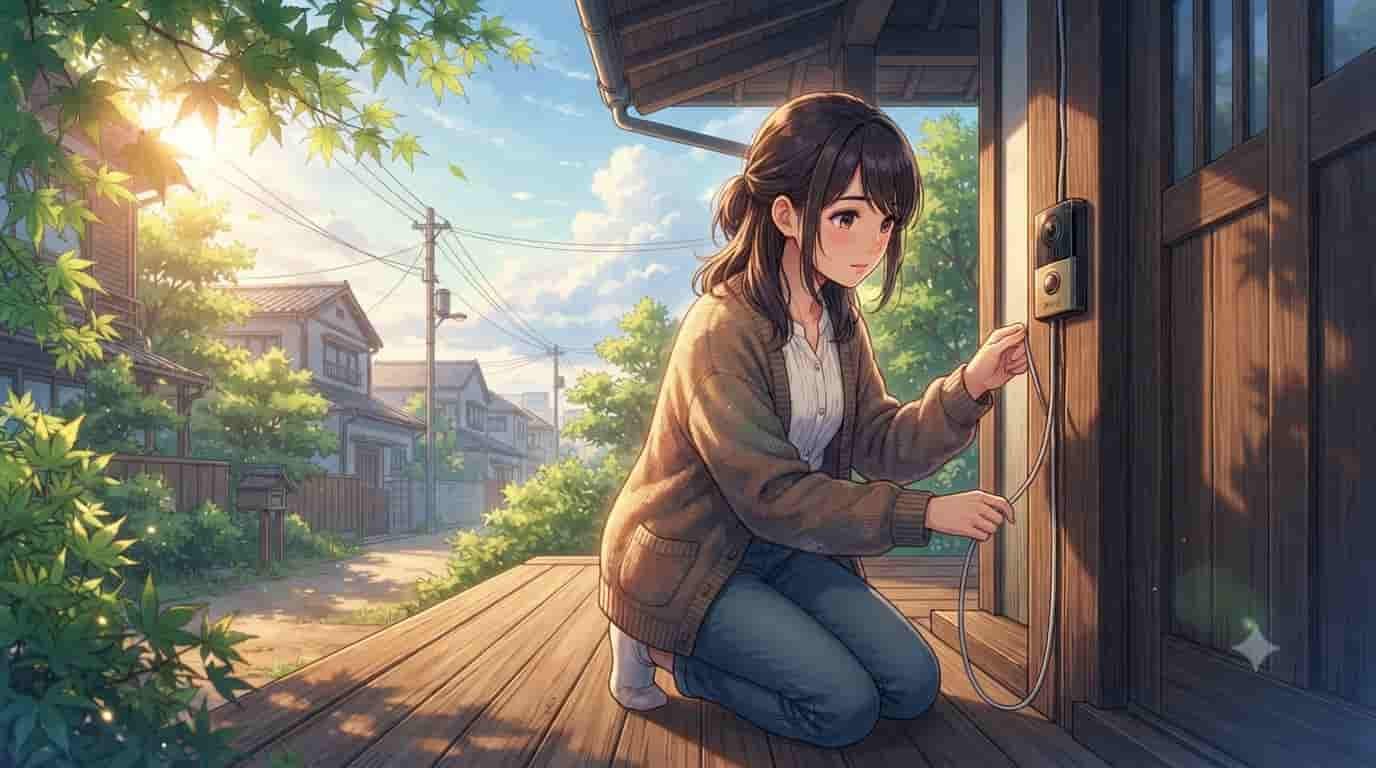 A young Japanese woman kneels on a wooden porch in a sunlit, detailed anime-style neighborhood (Shinkai aesthetic). She is focused on concealing the white wire of a wall-mounted video doorbell unit, which has the text 'SKYTC' subtly visible on it, within the exterior wood trim.