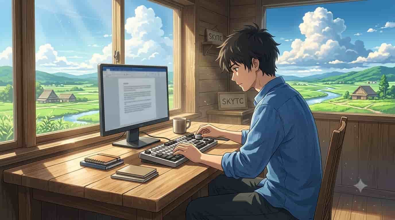 An artistic Makoto Shinkai style illustration showing a man using a high-end mechanical keyboard with an integrated navigation knob, featuring the SKYTC logo.