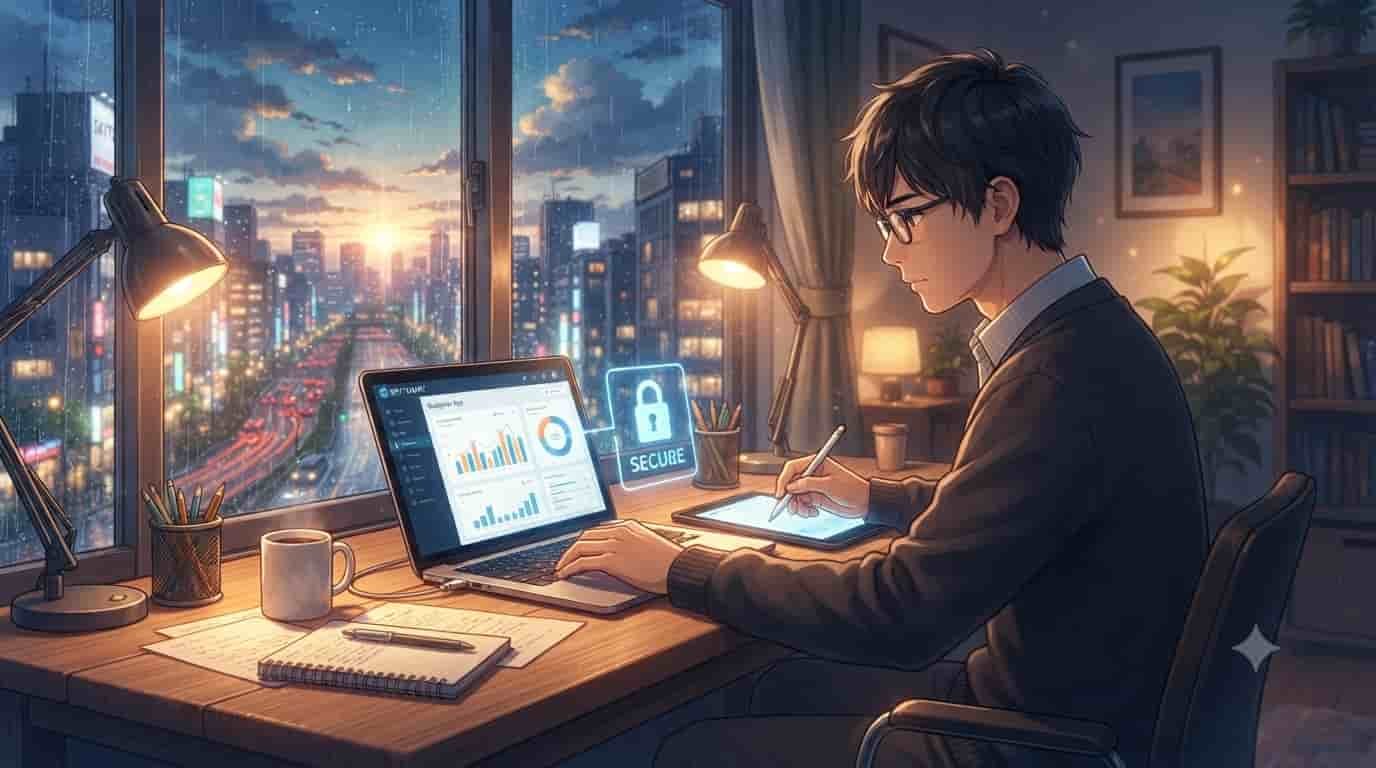 A young man in an anime-style room with a large window overlooking a rainy Tokyo cityscape, using a laptop and tablet for secure personal finance management. The screen shows budgeting charts and a prominent padlock icon labeled 'SECURE'. The scene is illuminated by warm desk lamps and the distant city lights.