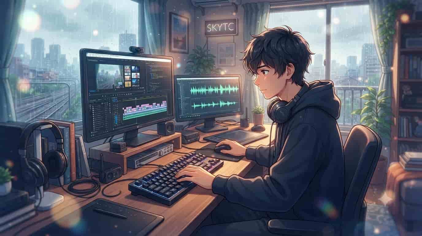 An anime-style digital artist in a rainy room using a custom keyboard and editing software, with 'SKYTC' visible on a wall sign.