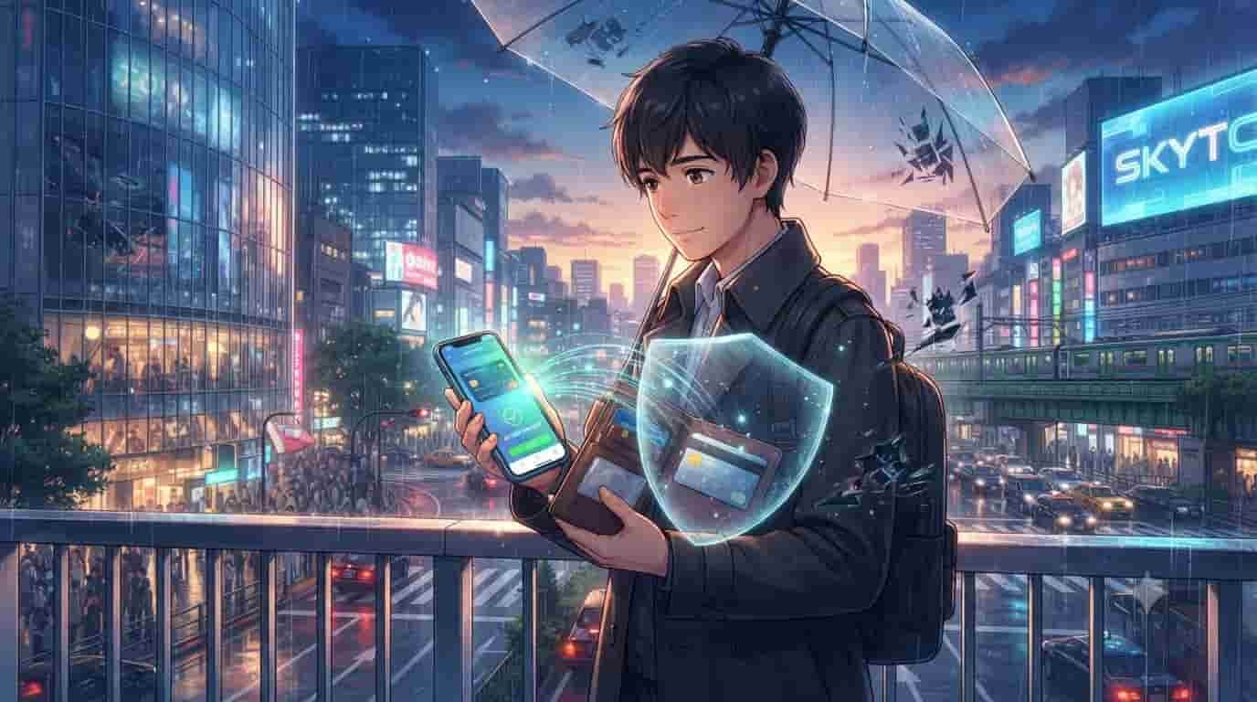 A Japanese man in a rainy Tokyo cityscape using a SKYTC mobile wallet app, showing a secure digital shield protecting his physical credit card from threats.