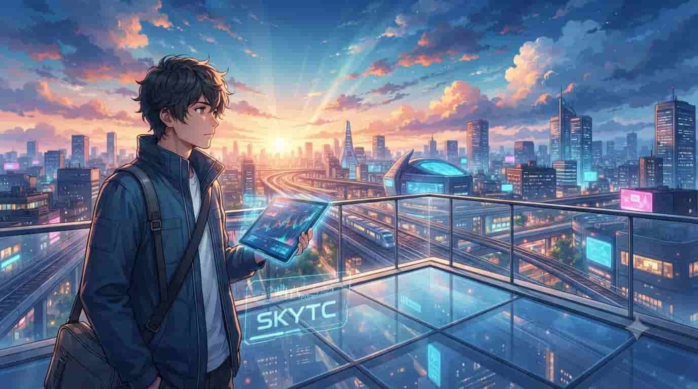 An anime illustration of a young man on a futuristic observation deck at sunset, holding a tablet with financial charts. A holographic display shows "SKYTC". The scene overlooks a modern, connected cityscape, symbolizing the efficiency and reduced costs of smart WealthTech tools.