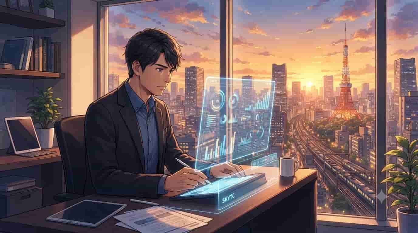 A detailed anime illustration of a focused 35-year-old male professional using advanced holographic WealthTech software in a Tokyo high-rise office at sunset, with the SKYTC brand visible on the interface.