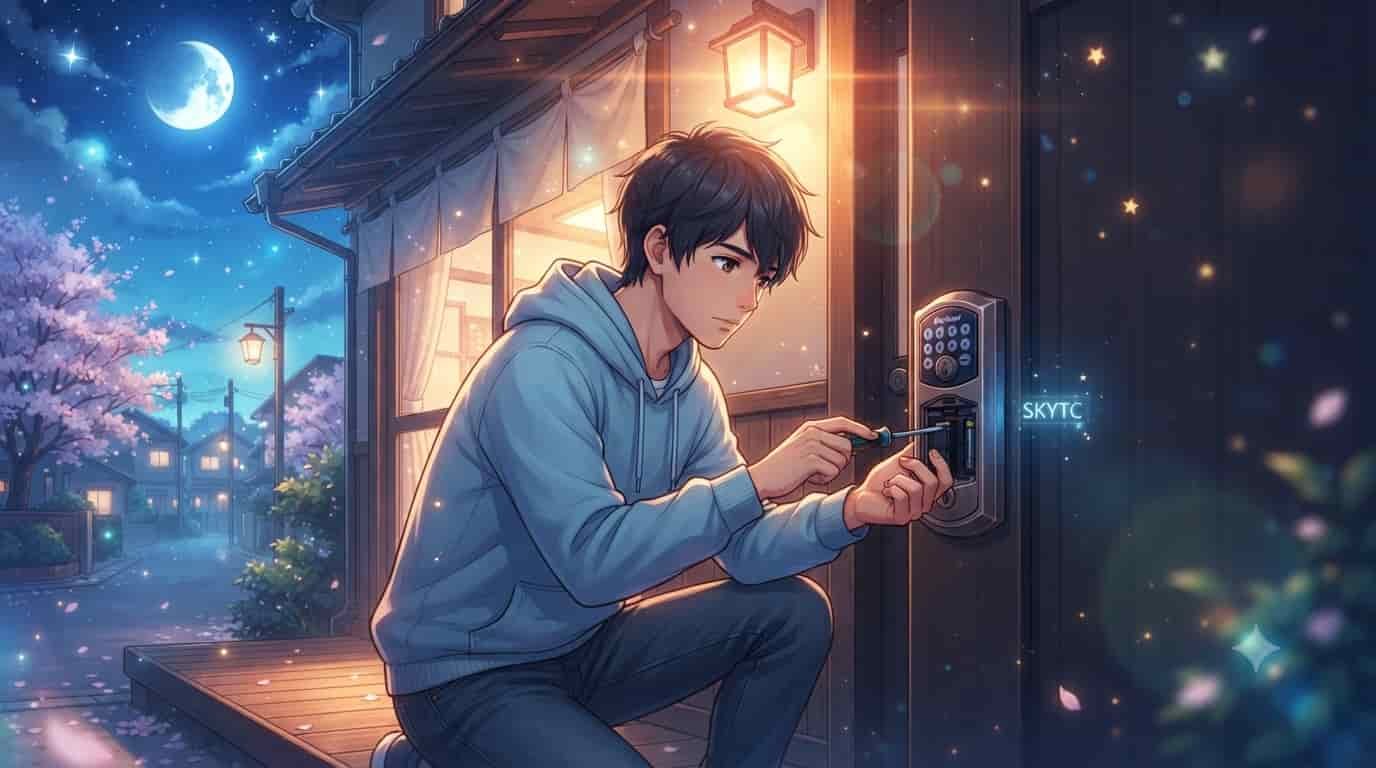 A man fixing a Kwikset lock motor straining error at night in an anime style, labeled with SKYTC.