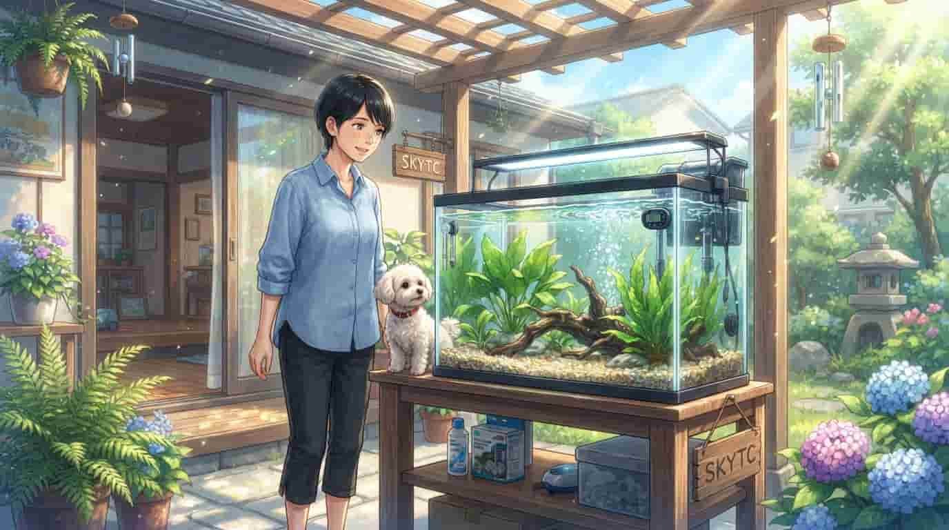 A 45-year-old Japanese woman and her Maltipoo dog cycling a large goldfish tank in a sunny room, with Skytc branding.