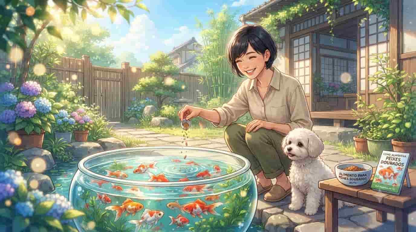 A 45-year-old Japanese woman and her Maltipoo dog in a sunny garden, showing how to properly feed goldfish for longevity, referencing the SKYTC blog.