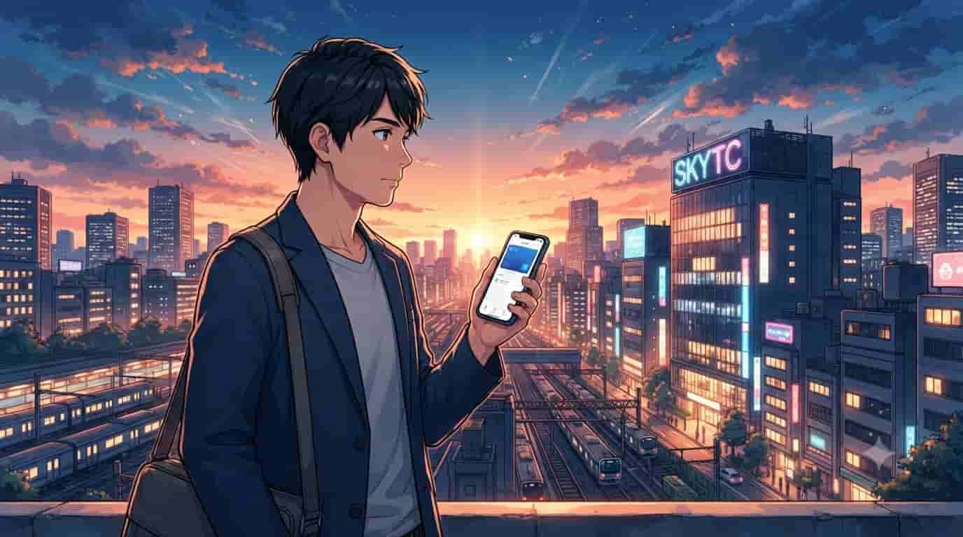 An anime-style illustration inspired by Makoto Shinkai, featuring a 35-year-old Japanese man holding a smartphone with a payment app, standing on a city bridge overlooking a railway and skyline at sunset. A neon sign on a building in the background reads "SKYTC".