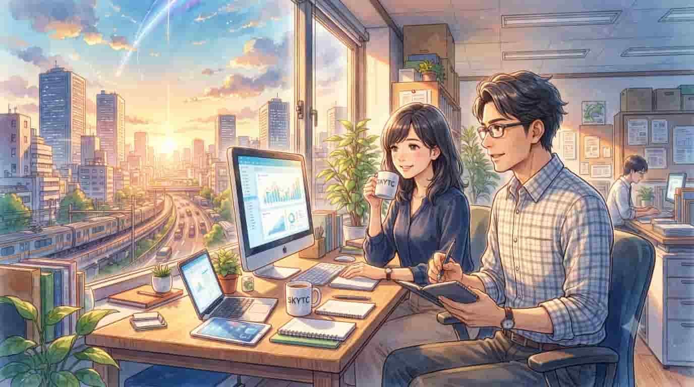 A Makoto Shinkai-style anime illustration of a productive couple working in an office overlooking the Tokyo skyline at sunset, holding SKYTC mugs.