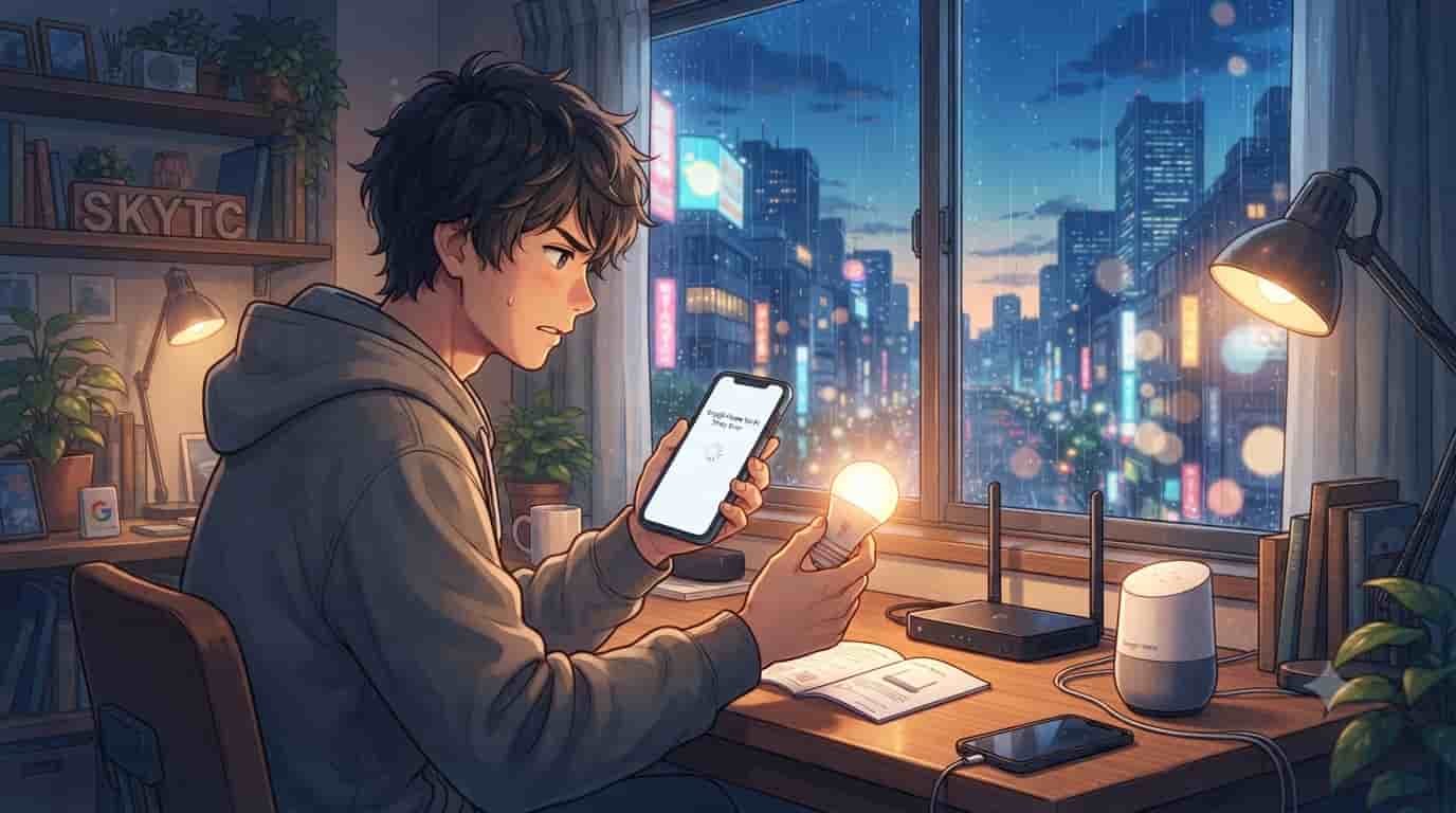Anime illustration of a man struggling to fix a Google Home smart bulb Wi-Fi setup error in a cozy room at night, branded with SKYTC.