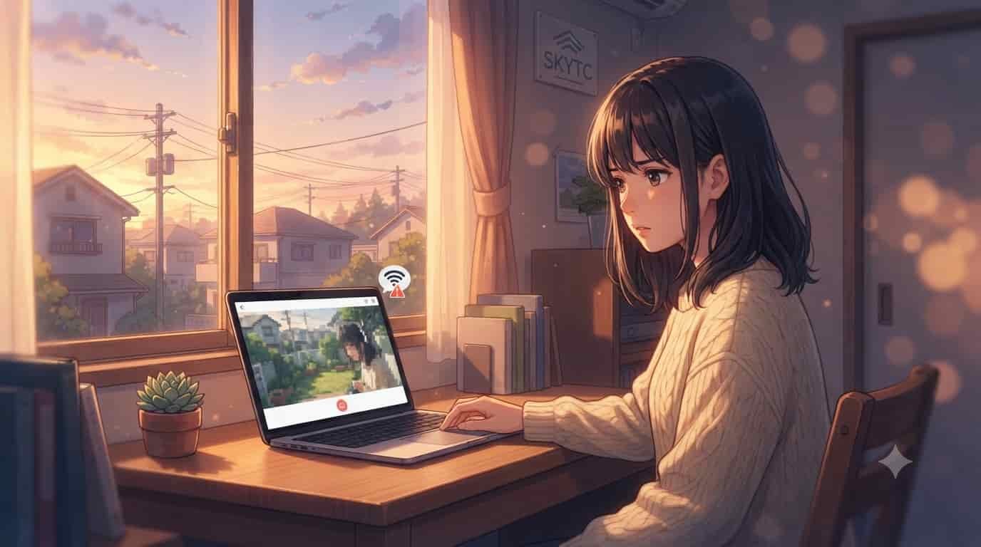 A young woman in an anime-style room looking concerned at a laptop showing a delayed smart camera live feed with a Wi-Fi error icon, with a SKYTC logo on the wall.