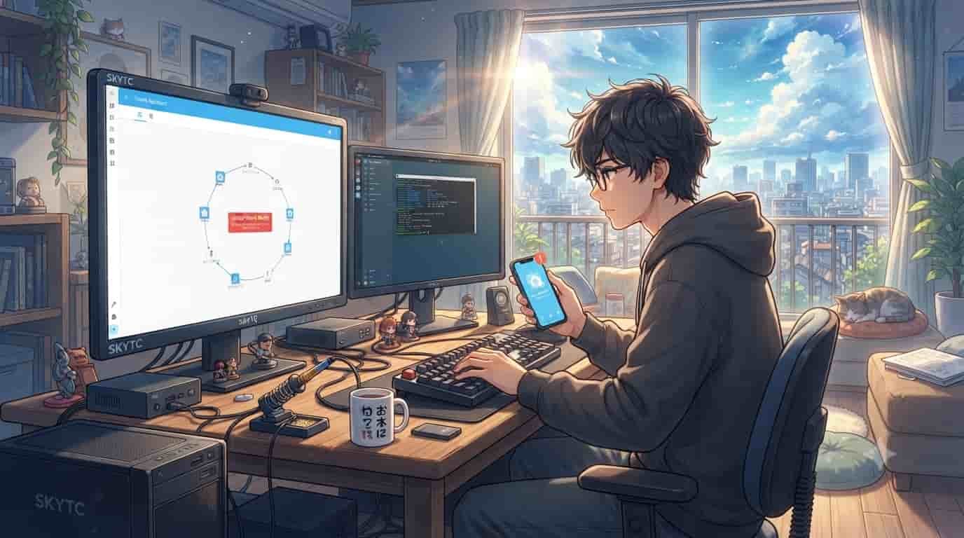 An anime-style illustration of a man fixing a network loop affecting smart devices in his apartment, with a large sky view outside.