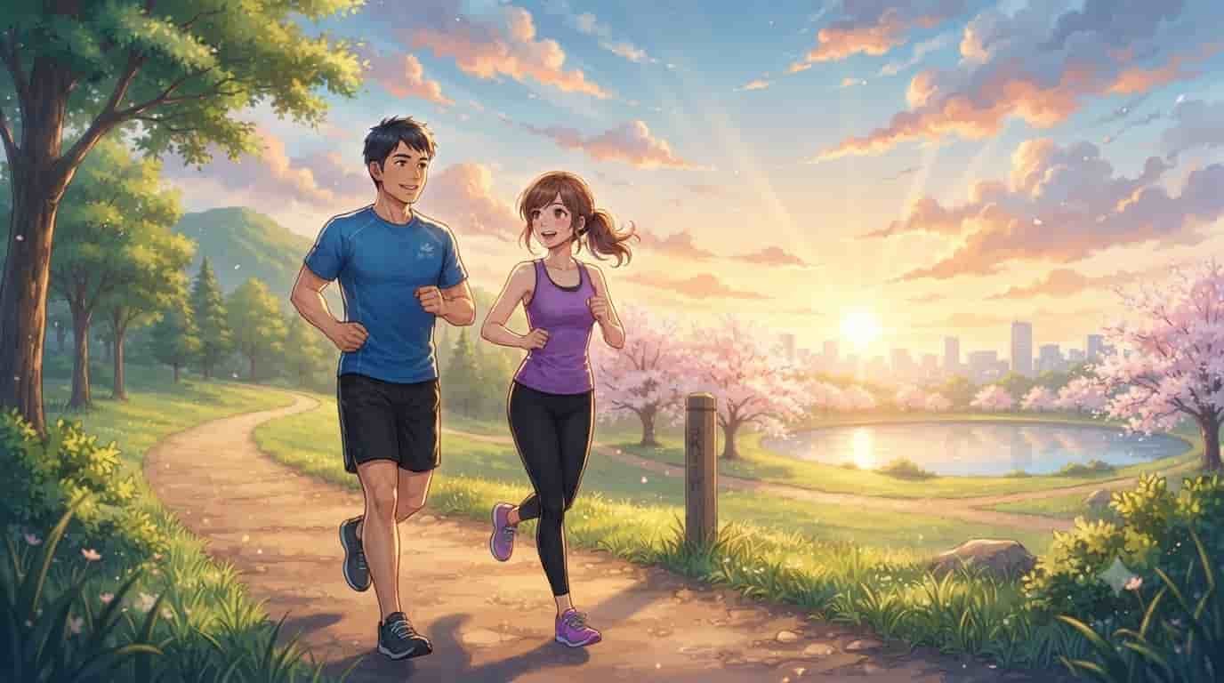 A Makoto Shinkai-style anime illustration of a 40-year-old man and woman running on a scenic park path at sunrise to illustrate a SKYTC guide on increasing bone density.