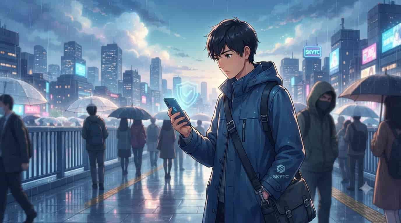 An anime-style illustration of a man on a rainy city bridge checking a secure mobile wallet on his phone, with SKYTC branding visible on his bag and a neon sign.