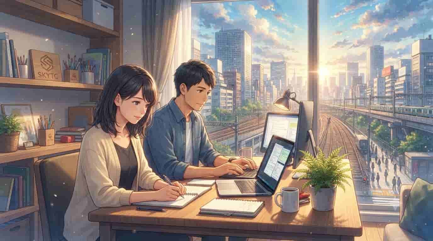 An anime-style illustration of a man and a woman in their 40s working productively together at a desk with laptops, notebooks, and a scenic Tokyo skyline view.