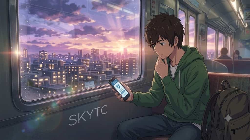 A man inside a train looking at his smartphone verifying mobile wallet security, with SKYTC branding.