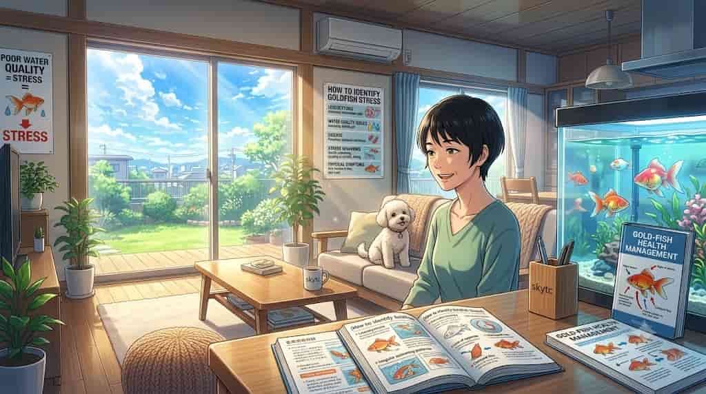 An infographic illustration by SkyTC showing a woman in a sunlit room learning about goldfish stress, with posters and a book detailing signs like poor water quality and erratic swimming.