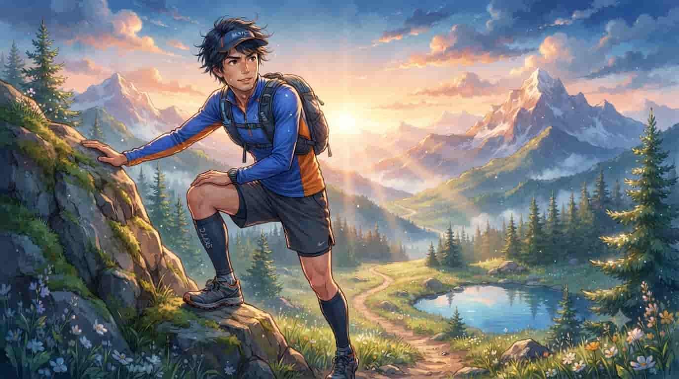 A 35-year-old male ultra runner with a determined expression stretches on a scenic mountain trail at sunrise, embodying the dedication needed to build bone density for long-distance running.