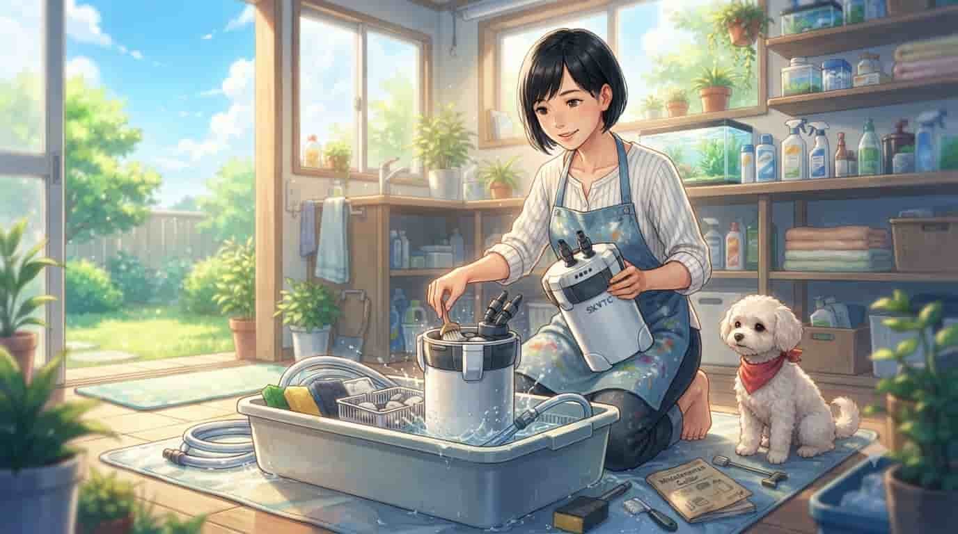 An anime-style illustration of a Japanese woman cleaning a large aquarium canister filter, with her Maltipoo dog watching in a sunlit room.