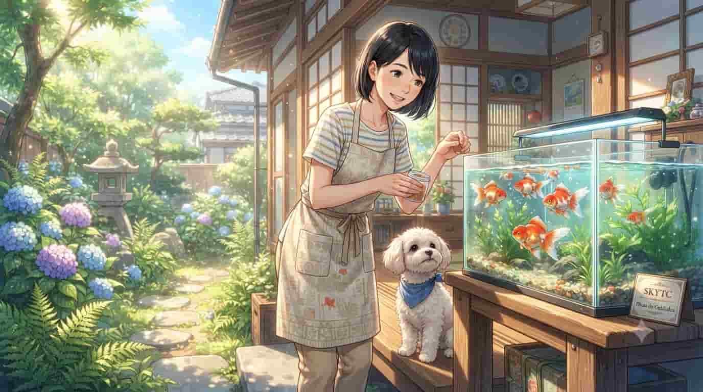 A happy Japanese woman with her Maltipoo dog, feeding vibrant goldfish in a sunlit home aquarium, with a SkyTC logo visible.