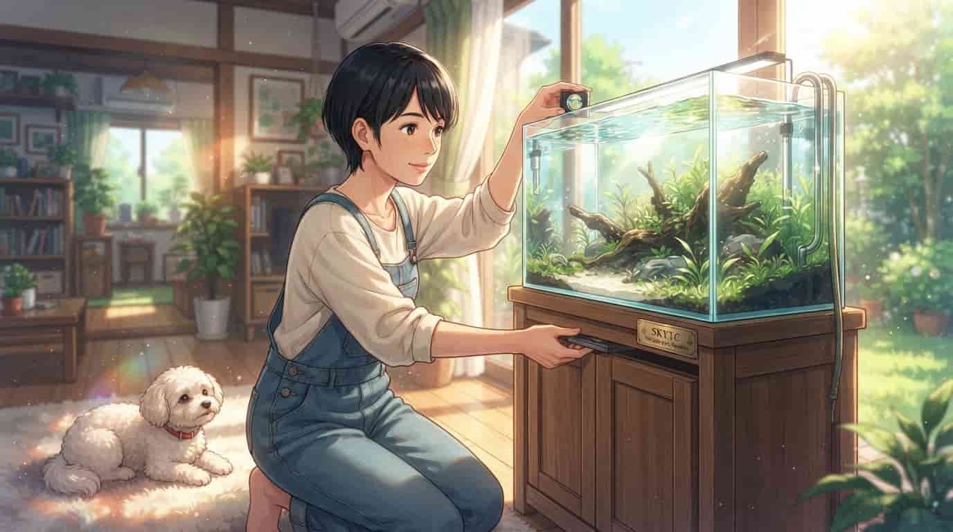 A detailed anime-style illustration of a Japanese woman with a pixie cut and freckles, wearing overalls, kneeling beside a large planted 100-gallon aquarium on a wooden stand in a bright living room, using a level on the tank rim. A small white dog lies on the rug nearby. The aquarium stand has a 'Skytc' plaque.