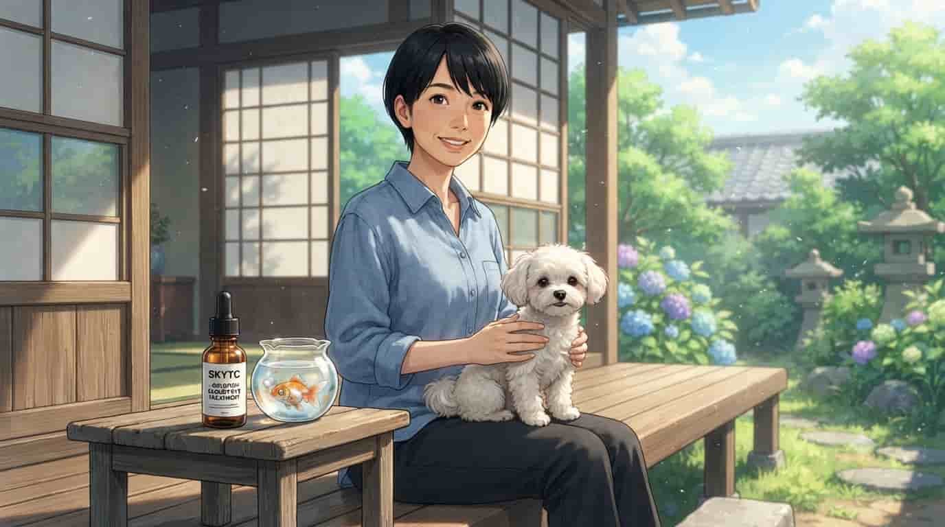 A Japanese woman and her dog with a bottle of SkyTC Goldfish Cloudy Eye Treatment.