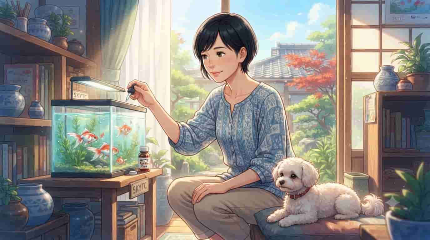 A Japanese woman using a SKYTC dropper to treat goldfish with red streaks in a sunny room with a Maltipoo dog.