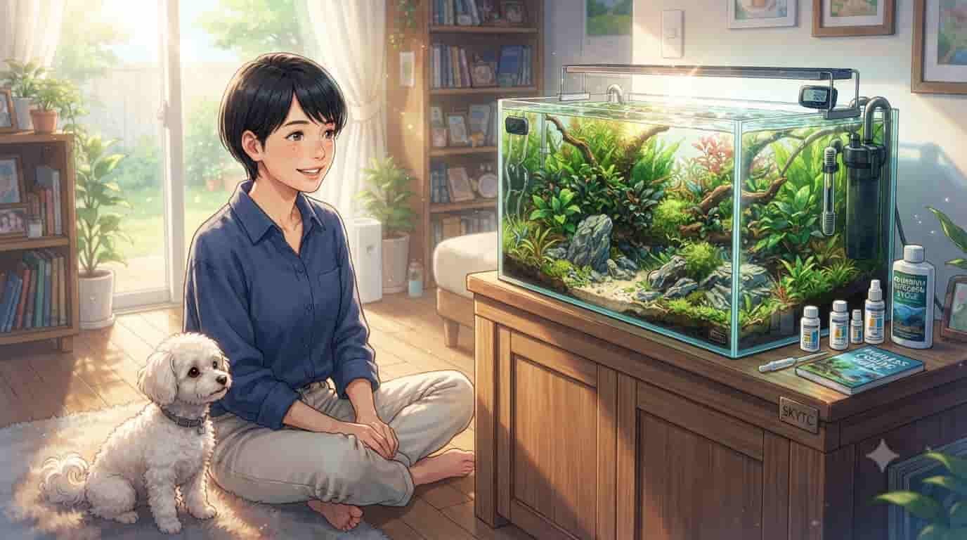 An anime illustration of a Japanese woman and her Maltipoo dog next to a large planted aquarium, part of a Skytc fishless cycling guide.