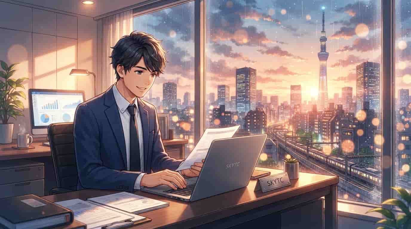 A professional Japanese businessman in a SKYTC branded office using a magnesium alloy laptop, overlooking a Tokyo sunset skyline with the Skytree. The image is an anime-style illustration.