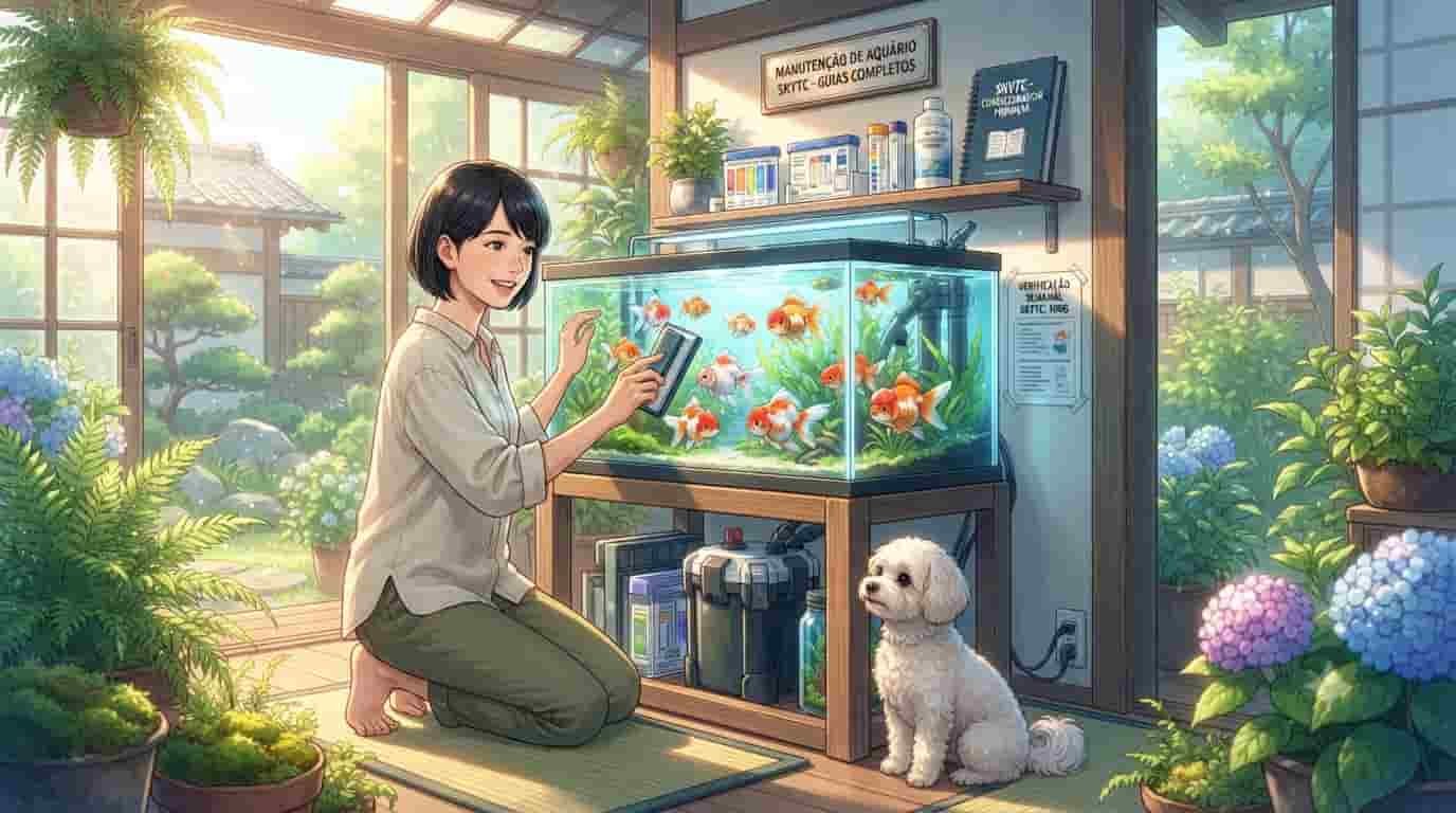 A 45-year-old Japanese woman and her Maltipoo dog standing beside a pristine 100-gallon aquarium, part of the SKYTC goldfish care guide.