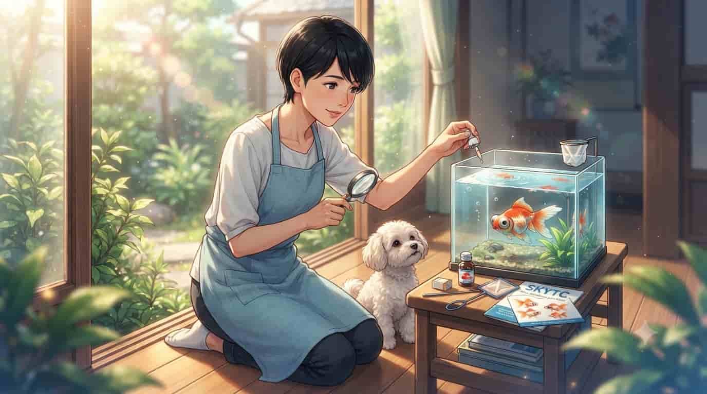 An anime illustration of a woman treating a goldfish with pop eye using a dropper and magnifying glass, with a small dog and Skytc medication nearby.