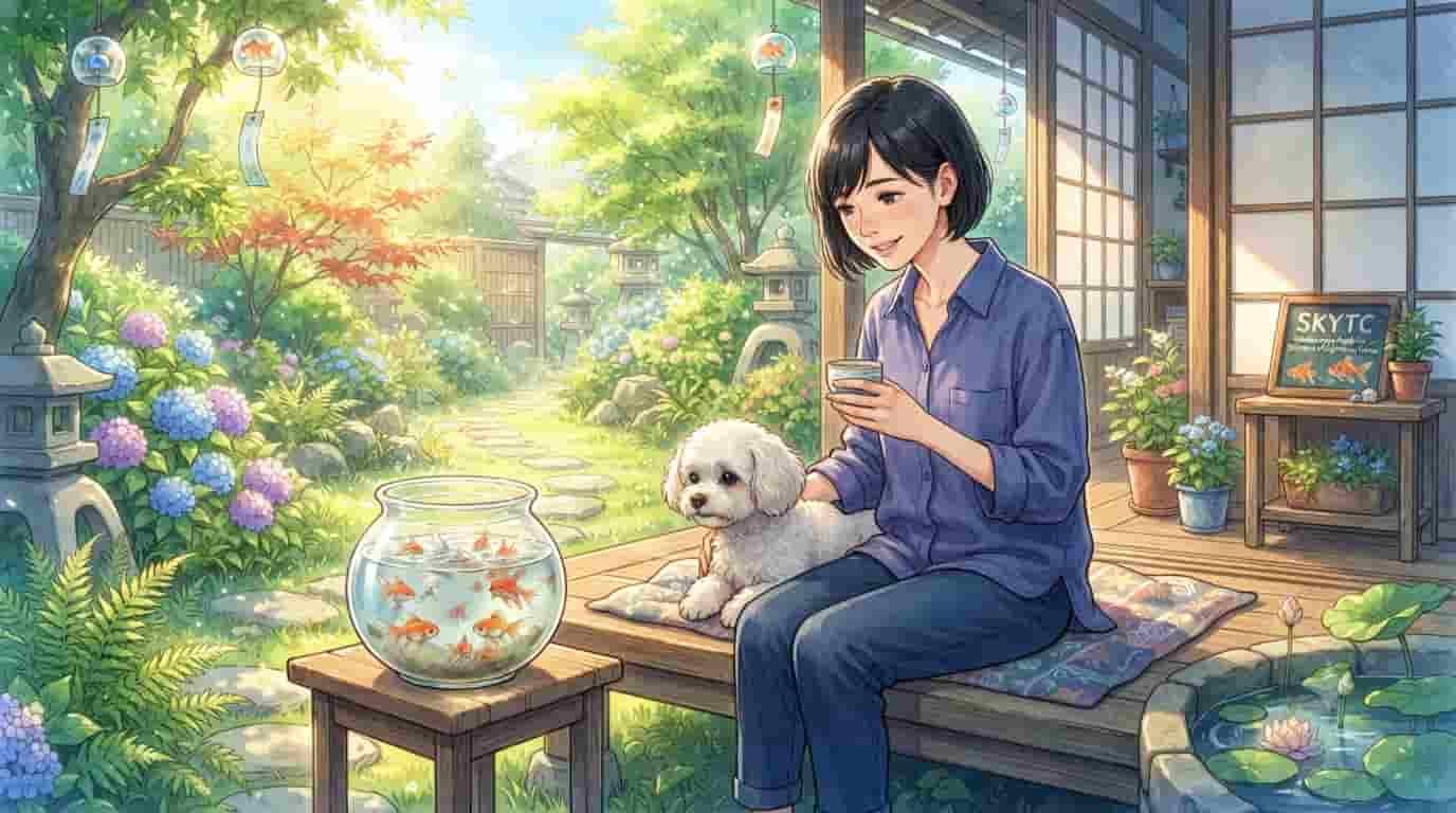 An anime-style illustration of a Japanese woman with a dog and a goldfish bowl, with a 'SKYTC' sign in the background.