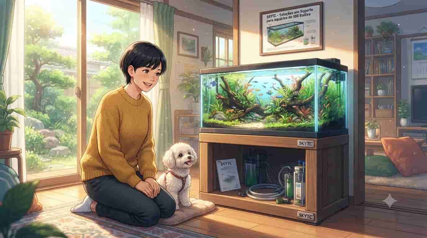 A Makoto Shinkai-style anime illustration of a Japanese woman and her dog next to a large aquarium on a sturdy SKYTC stand.