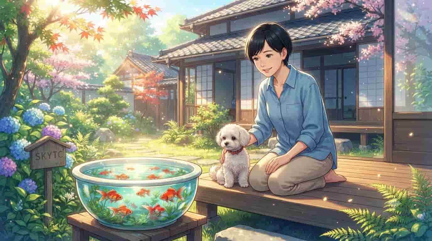 An anime-style illustration of a woman and dog in a Japanese garden, with a goldfish bowl and a 'SkyTC' sign.