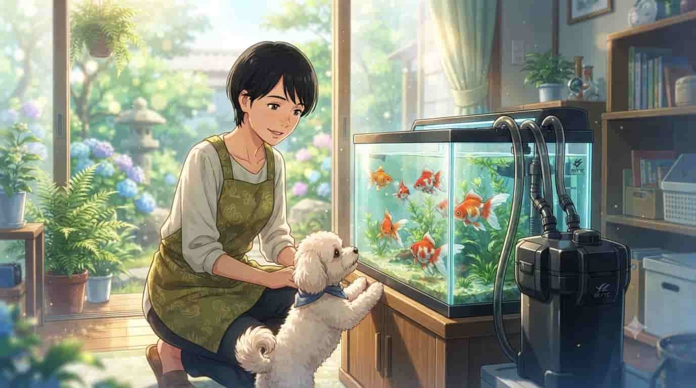 An anime-style illustration of a 45-year-old Japanese woman with a pixie cut and her white Maltipoo dog interacting with a sunlit goldfish aquarium. A black SkyTC canister filter is clearly visible next to the tank in a lush, detailed home environment.