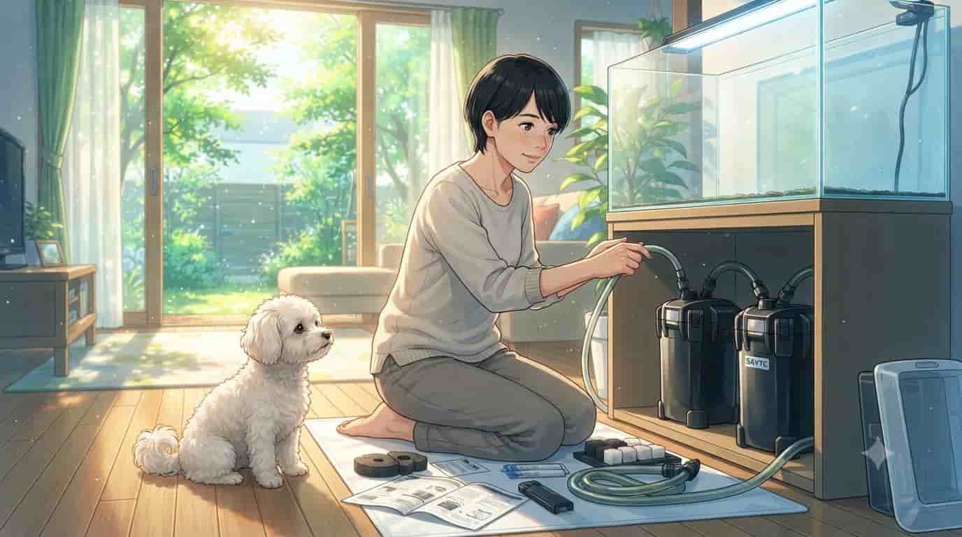 An anime-style illustration of a Japanese woman with a small dog, kneeling on the floor and connecting hoses to a Skytc dual canister filter system for a large aquarium in a sunlit living room.