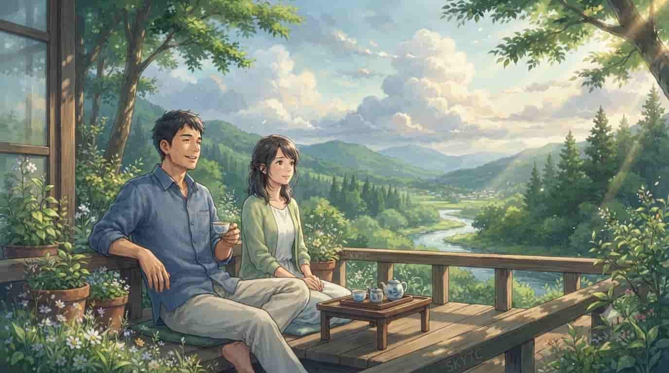 A man and a woman in their 40s enjoying a peaceful view of a lush green mountain valley and river from a wooden balcony while drinking tea, in an anime art style inspired by Makoto Shinkai, featuring the text SKYTC.