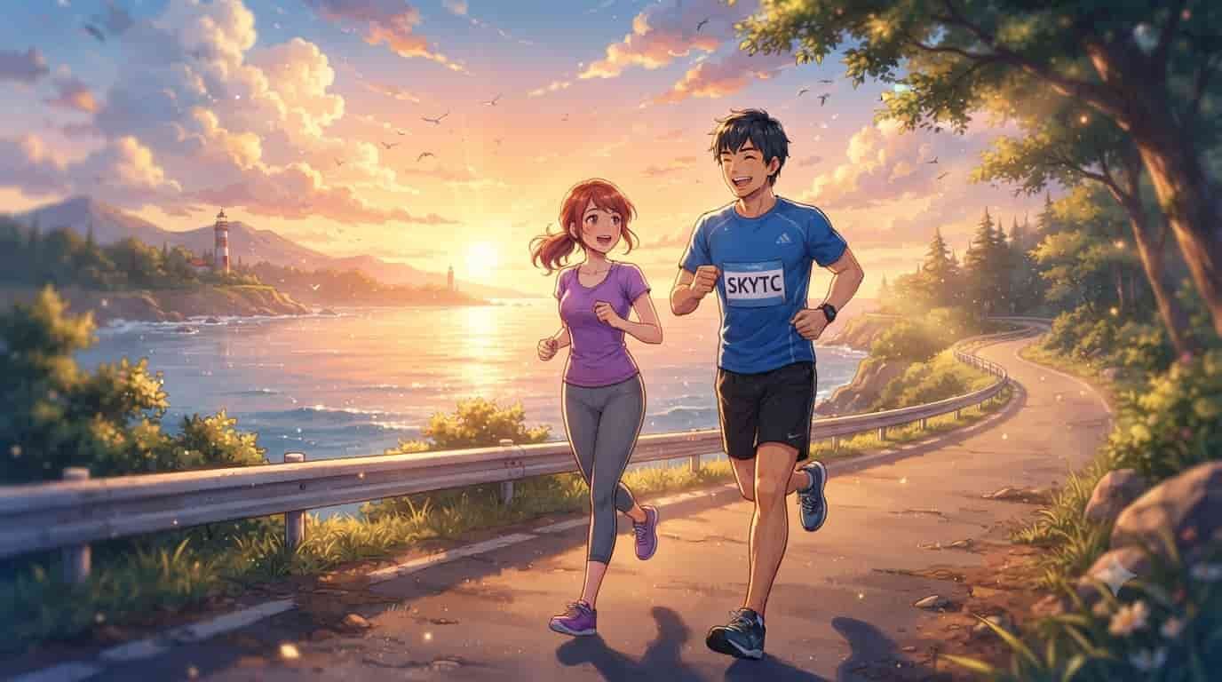 An anime-style illustration of a joyful couple in their 40s running during a vibrant sunset.