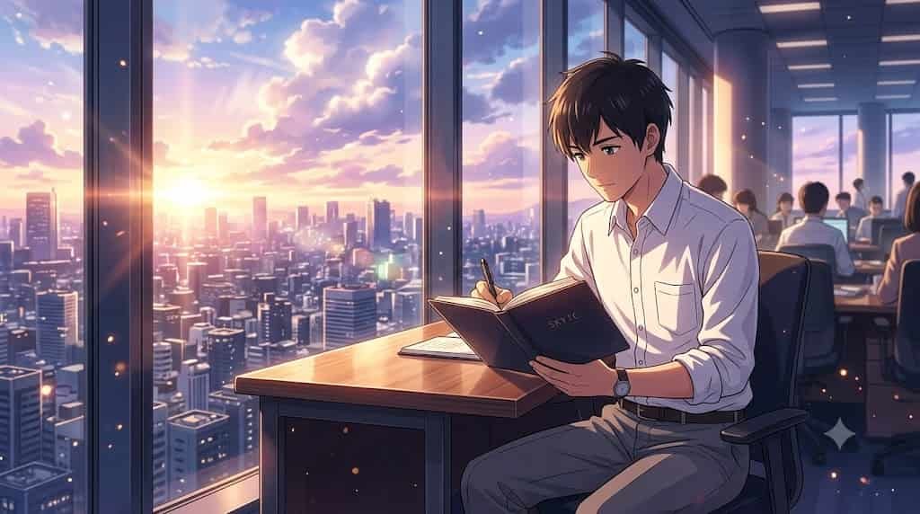 A young enterprise employee in a modern high-rise office writing in a premium durable notebook provided by skytc.Suggested Caption: Achieve your goals with the new line of premium durable notebooks for enterprise employees by skytc.