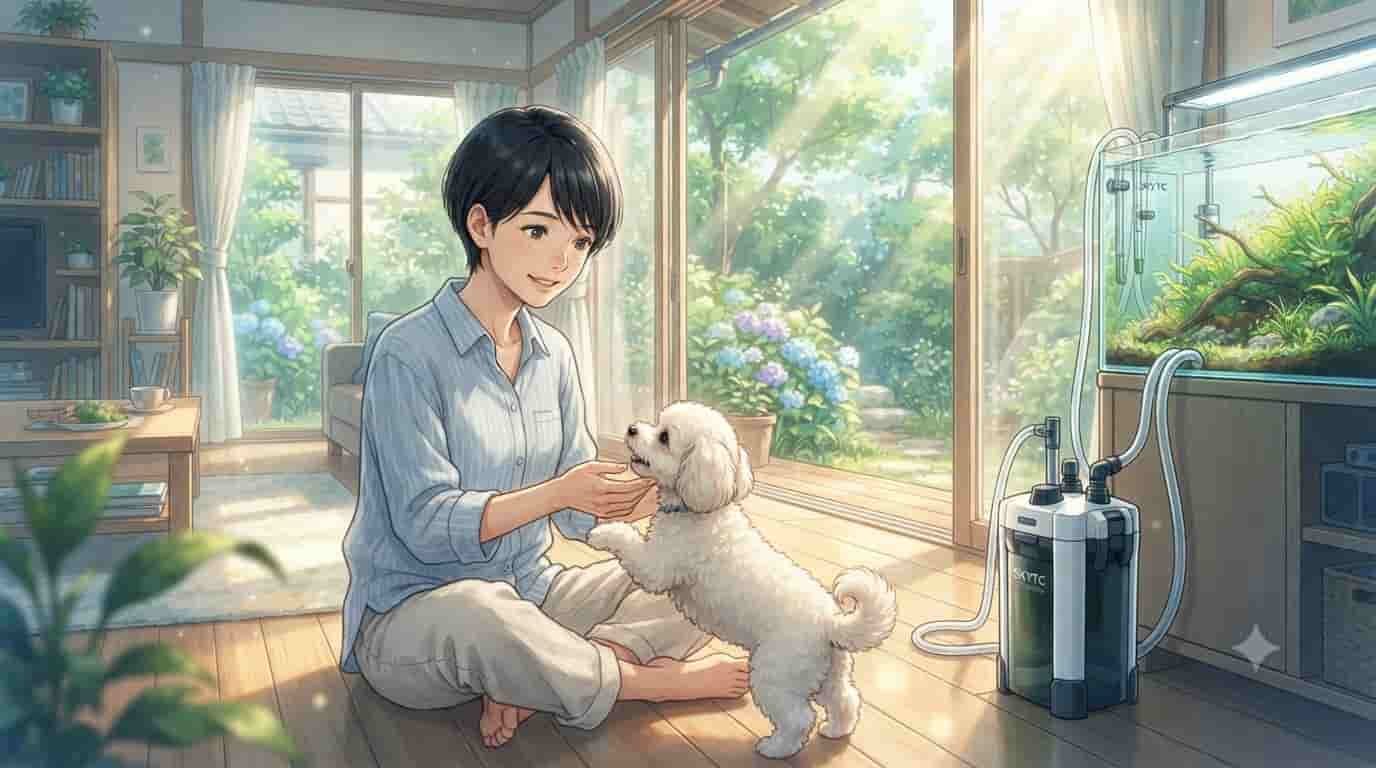 A 45-year-old woman with her Maltipoo dog in a sunlit room featuring a quiet SkyTC canister filter for aquariums.