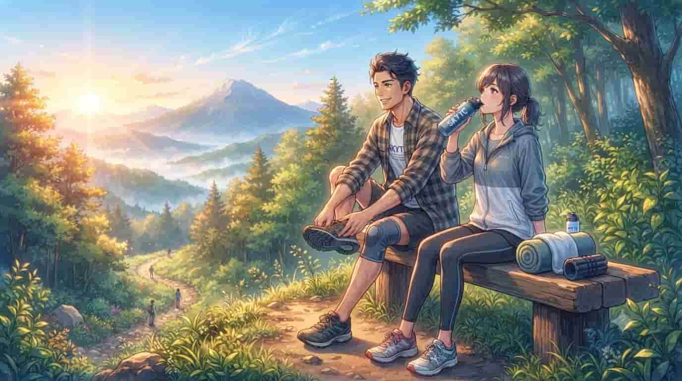 A Makoto Shinkai-style anime illustration of a 40-year-old man and woman resting comfortably after a trail run, with SKYTC branding visible.