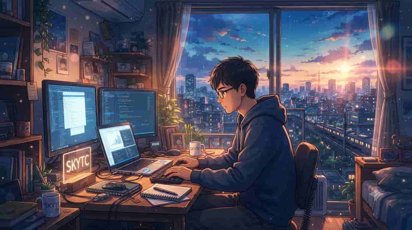 A young man working on a laptop and multiple monitors in a detailed anime-style room overlooking a city, with the neon sign "SKYTC" on the desk. The scene represents finding affordable and reliable tech tools.