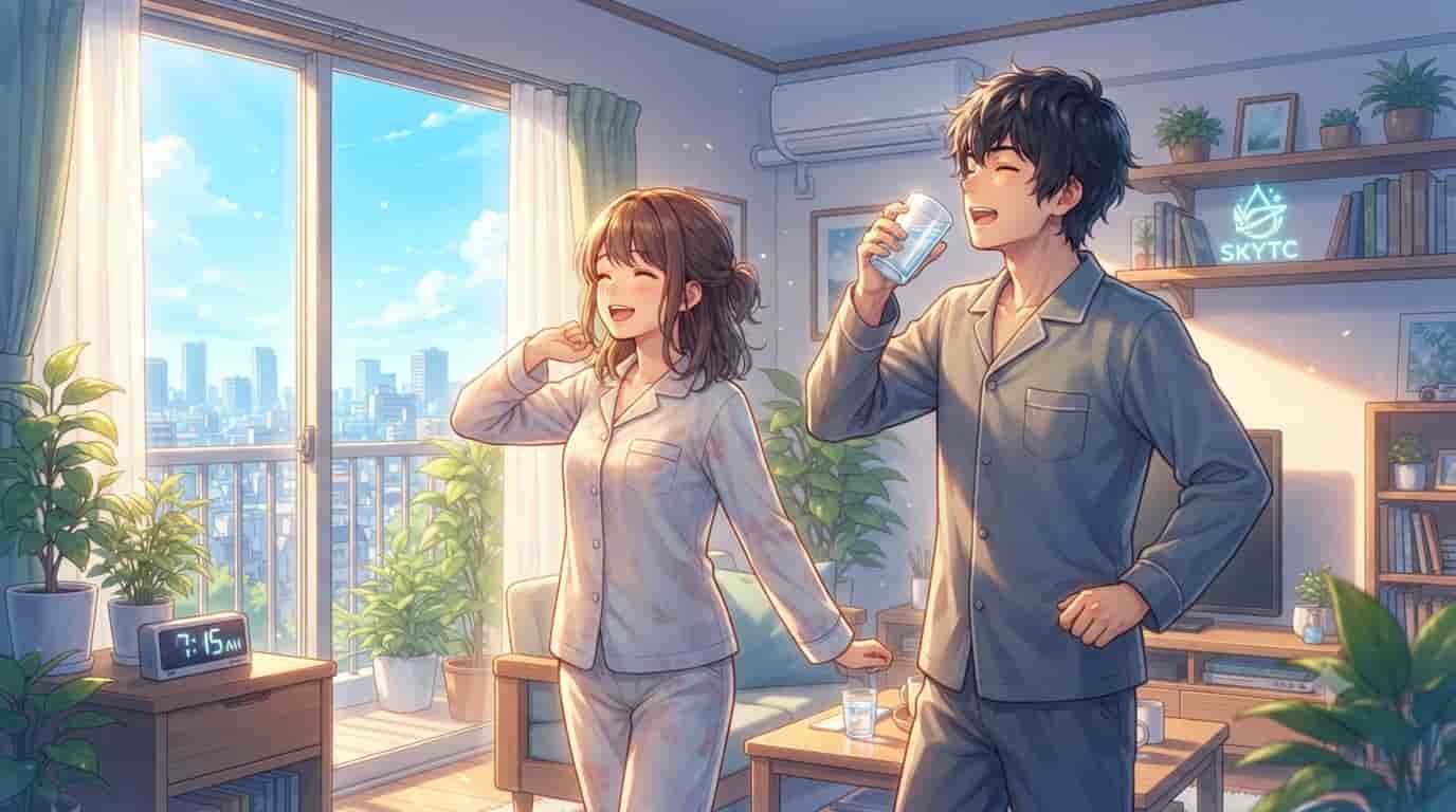 An anime-style illustration of a happy couple stretching and drinking water in a sunlit apartment, showing a 'SKYTC' sign. (Includes main actions and mandatory text)
