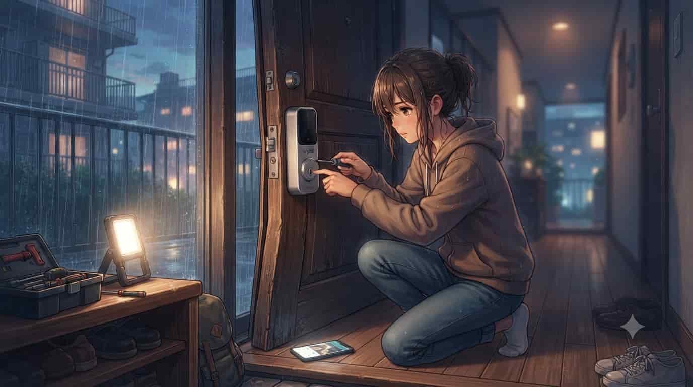 An anime-style illustration showing a woman repairing a silver Wyze Lock on a warped wooden door frame at night, with a rainy cityscape outside. SKYTC is visible on the lock.